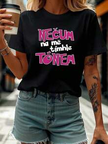 Minimalist Women's Lightweight Graphic T-Shirts With Custom Letter Print, Crew Neck, Spring/Summer, 100% Cotton, Popular Choice. Women's Simple Solid Color T-Shirt, Loose And Slim Fit Casual Short Sleeve - 黑色 - 查看 8