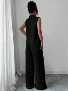 Set de 2 piezas de top sin mangas de cuello en V y pantalones rectos con decoración de cinturón holgado, de estilo casual y versátil para mujer, para primavera/verano - Negro - Ver 2