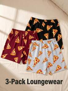 3pcs Men's Funny Pizza Pattern Lounge Shorts, Polyester, Basic Style, Stretchy Fabric, Suitable For All Seasons Sleepwear - Multicolor - View 3