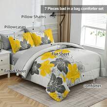 Yellow Comforter Set King Size, 7 Pieces Bed In A Bag Yellow Floral Comforter And Sheet Set, Soft Microfiber Grey Complete Bedding Sets For All Seasons Home Decor Room Decor Bedroom Decor Bed Comforter Set Mothers Day Gift Wedding Decorations. - Vàng1 - Xem 10