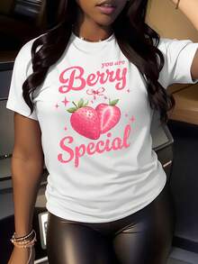 Camiseta de Mujer con Estampado de Fresas - Ideal para Amantes de las Fresas, Top Casual de Manga Corta con Cuello Redondo, con Estampados Especiales de Frutas y Letras Rosadas, Ropa Casual, Atuendos para San Valentín, Blusa Lavable a Máquina con Temática de Fresas - Blanco - Ver 1
