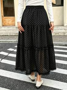 Chân váy chấm bi bằng vải chiffon thanh lịch dành cho nữ, có bèo nhún, thích hợp cho trang phục thường ngày mùa hè và kỳ nghỉ. - màu đen - Xem 2