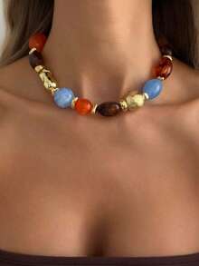 1pc Vintage Bohemian Asymmetrical Resin Beaded Necklace Personalized Fashion Adjustable Charm Necklace Exquisite Versatile Light Luxury Classy Minimalist Atmospheric Light Retro For Women Daily Wear Vacation Decoration Outfit Matching - 彩色 - 查看 8