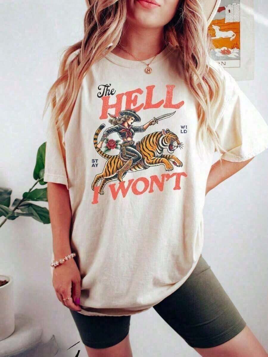 Manga corta retroVaqueraTigreCamisaElYoNo lo haráCamisetaOesteCamisaRetroRodeoPaísOesteEstéticaDe gran tamañoTee,De gran tamañoCortoMangaClásicoPesadoAlgodónTCamisaImpresoGráficoTeeMujeresInformalManga cortaCamisa de mujer TopLeisureCasual 100%Algodón 100%Algodón - Blanco - Ver 1