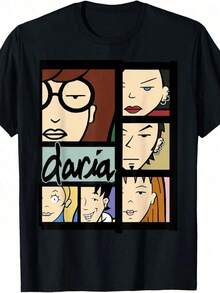 Daria Character Panels Logo Short Sleeve T-Shirt, Premium Cotton Unisex Casual T-Shirt With Round Neck, Classic Cut For Everyday Comfort, Women's Cotton Clothing, 100% Cotton Summer Tops. - 黑色 - 查看 6