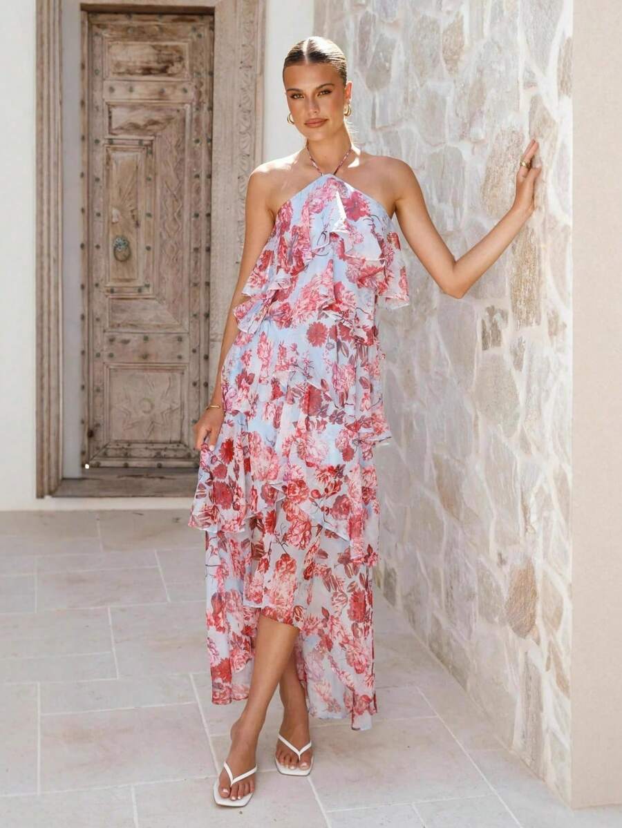 Vestido largo de gasa con estampado hombros al descubierto elegante para fiesta - Caqui - Ver 1