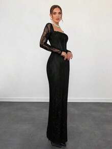 Vestido negro ajustado hasta el suelo con cuello corsé ahuecado y mangas largas con encaje en forma de S sexy para mujer para fiestas, citas y banquetes de otoño/invierno nuevo - Negro 2 - Ver 5