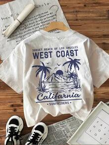 Western Style Palm Tree Print Round Neck Short Sleeve T-Shirt Summer Tops. - White - View 3