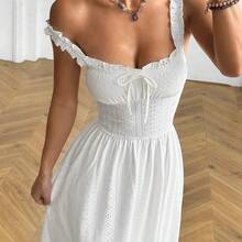 Pale Yellow Sleeveless Cami Long Dress For Women Casual Style Ruched Bust Flared Hem Plain Knitted Fabric - amarillo ganso - Ver 4