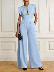 Bộ jumpsuit vải dệt màu trơn, thanh lịch, tối giản, cài cúc phía trước, khóa kéo và có túi, thích hợp mặc công sở mùa xuân/hè. - màu xanh nhạt - Xem 4