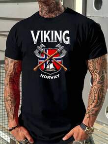 2026 New Vintage Fashion T-Shirt With Norwegian Viking Design And Viking Graphics - Norwegian Flag Print, Viking Sailboat Design, Micro-Stretch Knit Fabric, Casual Wear For All Seasons. A Short-Sleeved T-Shirt Suitable For Home, Everyday Wear, Parties, And Travel-Perfect As A Gift For Friends Or Family. - 黑色 - 查看 5
