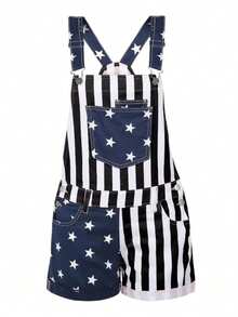 Women's American Flag Overalls Jean Shorts Cotton Summer Rompers 4th Of July Patriotic Jumpsuit Outfit Casual Adjustable Bibs Denim Overalls Color Block Stripe Star Print Suspender Shorts With Pockets Independence Day Outfit - Azul - Ver 4