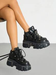 Giày thể thao nữ phong cách Punk đế cao, mũi tròn, gót cao, kiểu rock, buộc dây, giày đường phố, giày cao su thường ngày. - màu đen - Xem 5