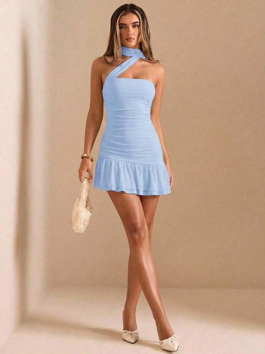 Vestido mini elegante con estampado floral crema y amarillo, con pliegues, asimétrico, sin tirantes y con tirantes anudados, para mujer en otoño/invierno. Vestido de cumpleaños, boda, cóctel, elegante y sexy, romántico, para cita, fiesta nocturn - Celeste - Ver 1