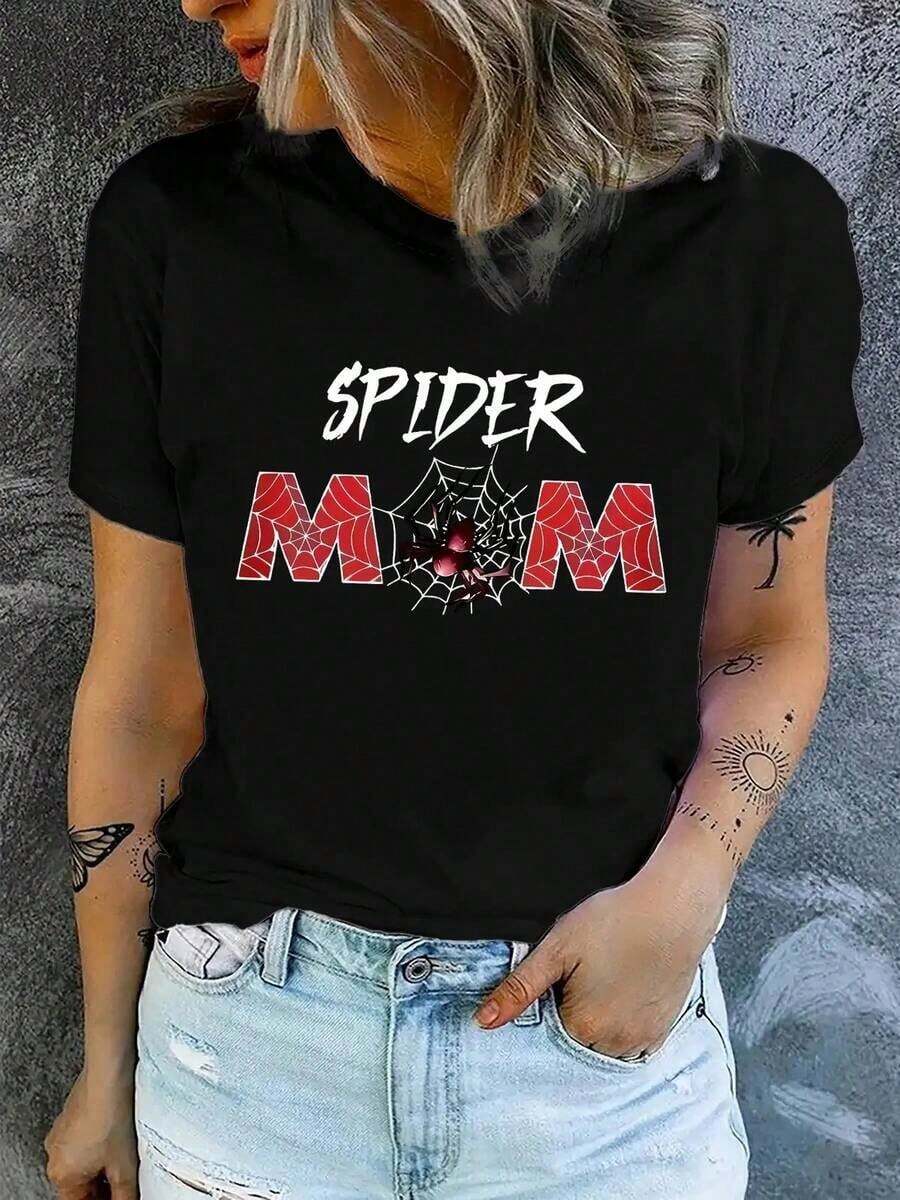 Camia con Estampado Spider Mama, Cuello Redondo, Transpirable, Cómoda y Suave, Ropa de Primavera Verano para Mujer, Nuevas Camias Casuales para Hombre y Mujer, Transpirable y cómoda. - Negro - Ver 1
