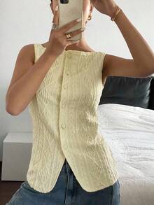 Camisa ajustada sin mangas de mujer con estampado de lunares - Amarillo - Ver 5