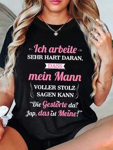 Ropa de mujer de talla grande, camiseta de mujer de talla grande con estampado divertido de letras de estilo alemán, top casual de manga corta y cuello redondo, adecuada para usar en primavera y verano, estilo básico universal. - Negro - Ver 7
