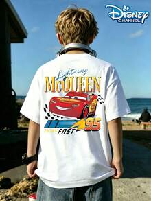Disney's "Rush Hour" Racing Series - Lightning McQueen, Racing Style Children's Short Sleeve Shirt Pattern Summer Loose Tops,Short-Sleeved Casual And Cute Style  Children's Clothing Design, Girl Clothes For Kids Clothes ,Ropa Para Niños,Teen Girls Clothes, Summer Clothes,Boys Summer Outfits,Boys Clothes,Perfect For Cool Girls. Comfortable And Breathable Children's Short-Sleeved T-Shirt. Comfortable And Casual Wear All Year Children's Clothes,Comfortable & Lightweight, Iconic Print For Mix-And-Match Outfits,Suitable For Both Boys And Girls. - White - View 3