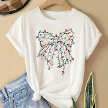 Women's T-Shirts 100% Cotton 2026 Women's Short-Sleeved Top With Round Neck And Elegant Print Of Christmas Lights And Bows In Korean Style. - White - View 6