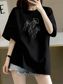 Camiseta minimalista negra diseño medusas estilo moderno versátil comodidad cotidiana para jóvenes talla única color negro moda urbana  2023 - Negro - Ver 1
