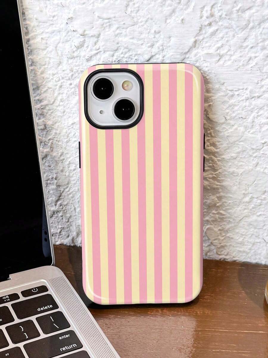 1pc Striped Pink Minimalist Fashion Phone Case, Minimalist Artistic Colorful Striped Pattern Glossy 2-In-1 Protective Hard Shell Phone Case - Multicolor - View 1