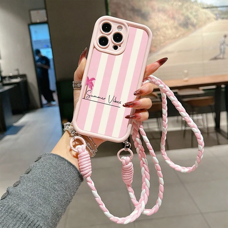 Convenient Lanyard Phone Case With Adjustable Lanyard And Shoulder Strap, Vibrant Pink Vertical Striped, Lightweight Shockproof TPU Protective Case For Apple Phones - Multicolor - View 1