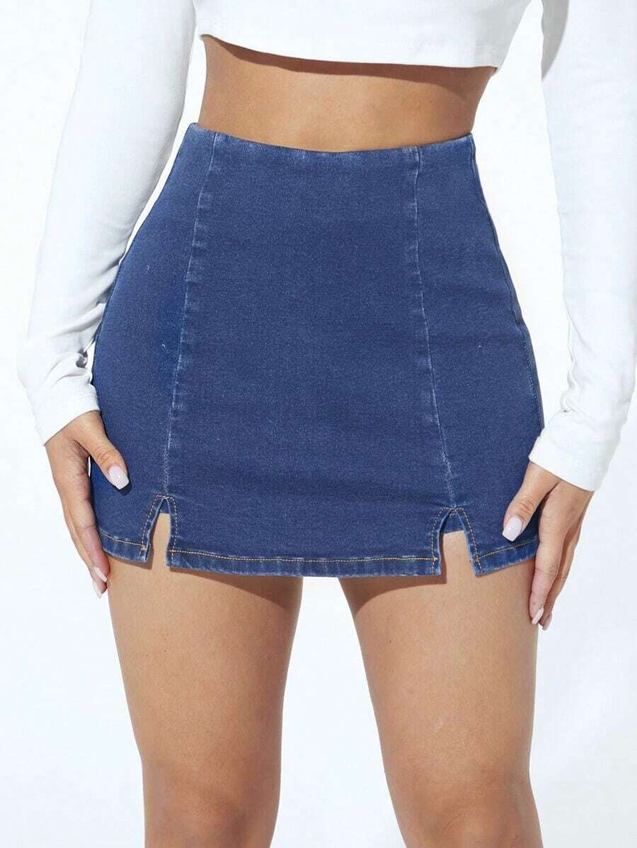 Falda pantalón informal de mezclilla con corte alto y dobladillo con doble abertura para mujer - Azul lavado oscuro - Ver 1