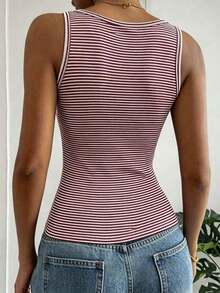 Camiseta sin mangas casual ajustada con cuello cuadrado y rayas para mujer - Café integral - Ver 5