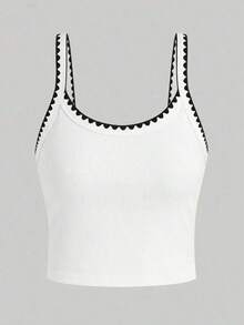 Camiseta de tirantes casual de mujer con estampado de rayas y ribete, adecuada para vacaciones de verano y uso diario - Blanco - Ver 2