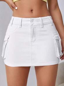 Minifalda de tela vaquera de tiro bajo, de moda para el verano - Blanco 2 - Ver 5