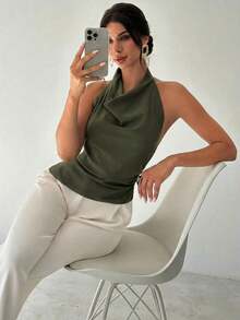 Camisa elegante de oficina para mujer, blusa asimétrica sin mangas con cuello halter y espalda descubierta, con botones decorativos ajustables, ajustada, negra, para oficina.Camisa de oficina para mujer, ropa de primavera/verano, elegante, sexy - Verde militar - Ver 6