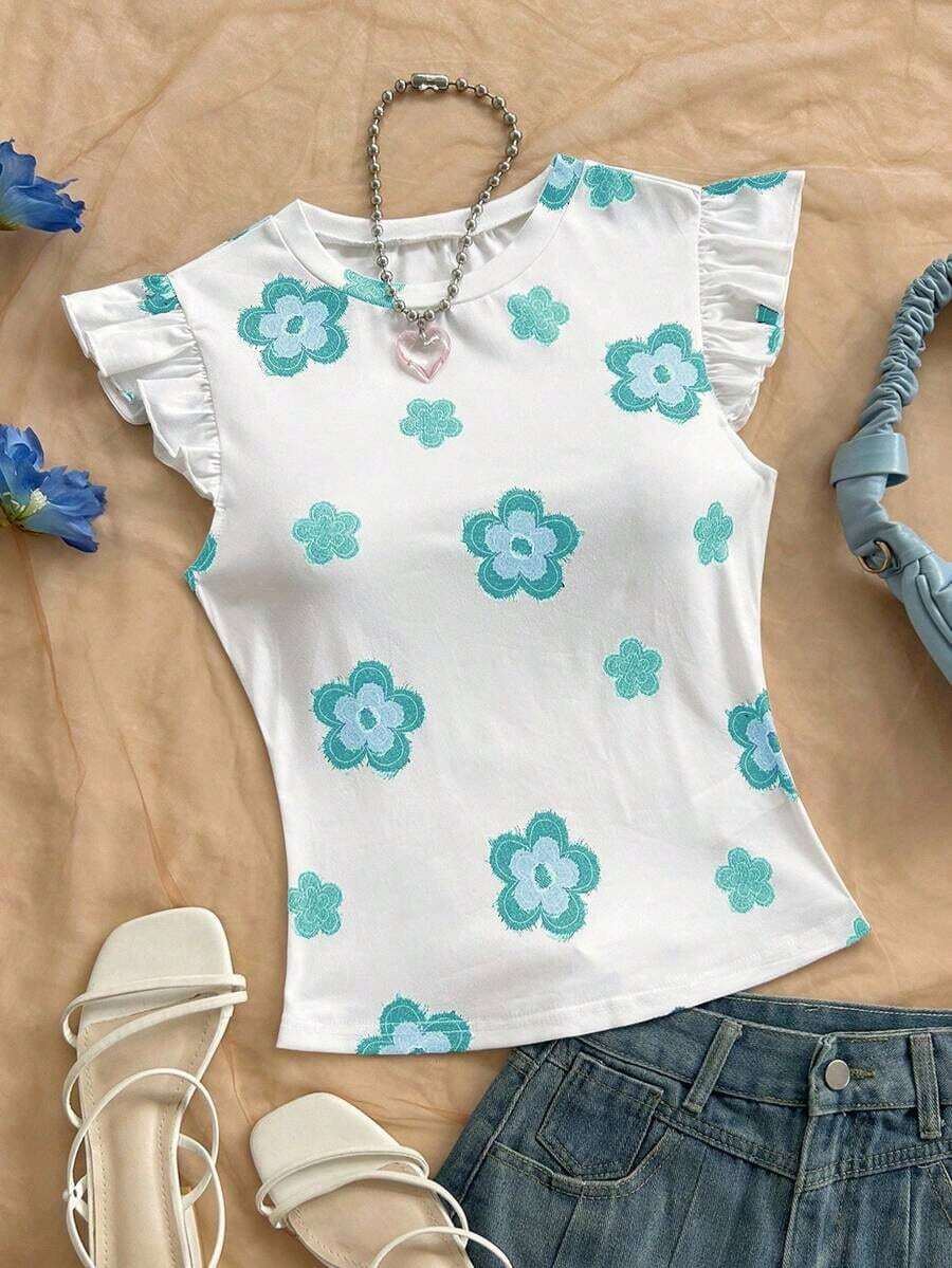 Camiseta casual de mujer con cuello redondo, mangas de volantes y estampado floral, blusas florales para mujer, blusas con mangas de volantes, para salir, blusas de manga corta lindas - Azul - Ver 1
