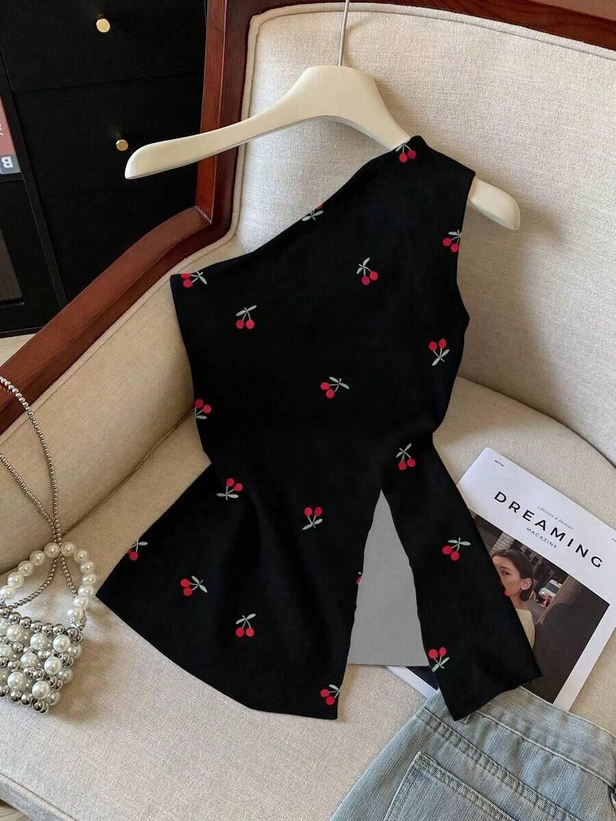 Camiseta asimétrica con estampado de cerezas para mujer, de gran en primavera/verano - Multicolor 9 - Ver 1