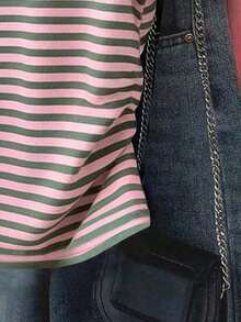 Camiseta gráfica de verano para mujer, estampado de rayas multicolor, verde, rosa, cintura ajustada, adecuada para citas, vuelta al colegio, Día del Maestro - Gris - Ver 3