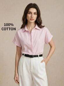 Nueva llegada Camisa casual de manga corta con botones delanteros de unicolor, adecuada para uso diario, primavera/verano - Rosa - Ver 1