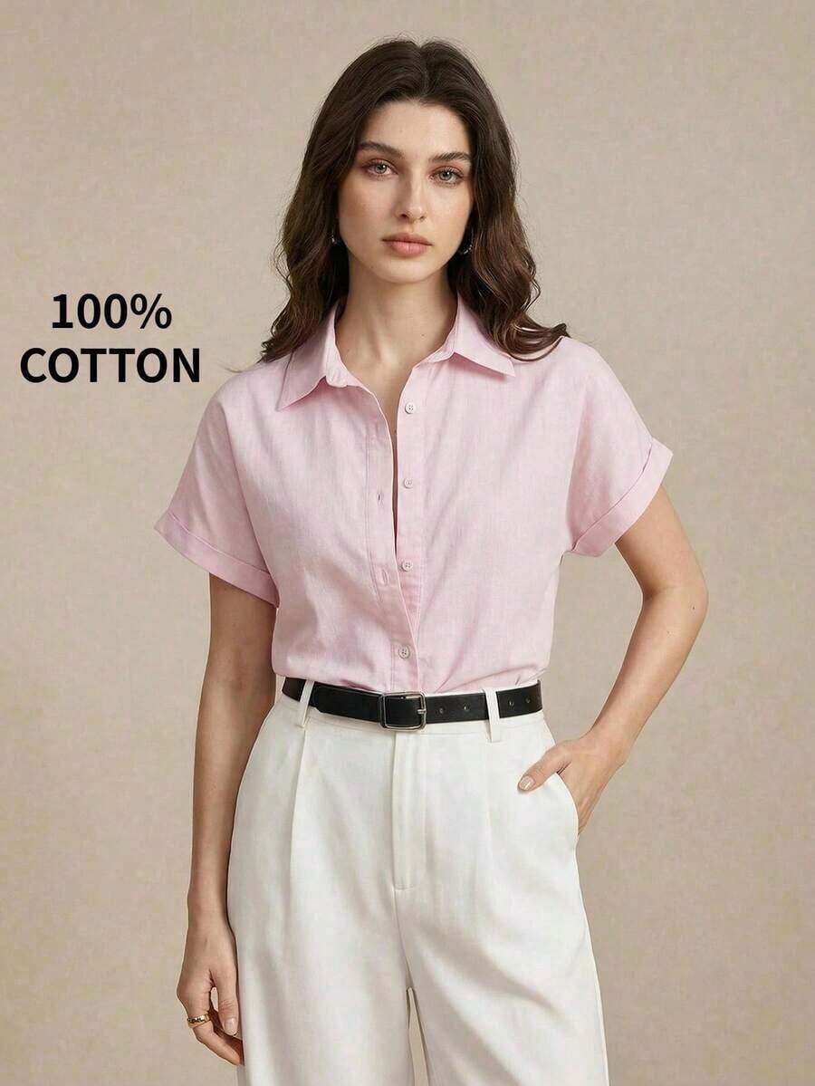 Nueva llegada Camisa casual de manga corta con botones delanteros de unicolor, adecuada para uso diario, primavera/verano - Rosa - Ver 1
