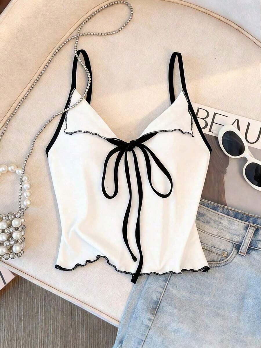Top de tirantes con lazo y ribete de lechuga en contraste, elegante y ajustado, top para salir para mujeres, apto para el estilo del milenio - Blanco - Ver 1