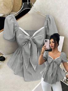 Elenzya Nueva llegada Blusa casual de uso diario para mujer con diseño minimalista, cuello cuadrado, lazo en la cintura y rayas azul francés y blancas - Negro - Ver 1