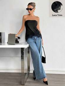 Top bandeau con encaje satinado mate - Negro - Ver 3