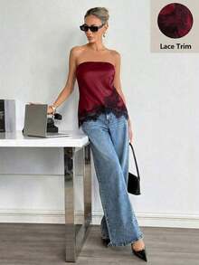 Top bandeau con encaje satinado mate - Burdeos - Ver 3