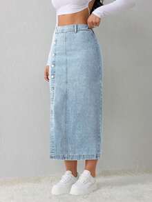 Tall Falda vaquera de mujer, casual, suelta, con abertura lateral, falda midi azul, falda larga para mujeres, falda azul claro, falda azul, ropa de invierno para mujer - Lavado ligero 2 - Ver 5