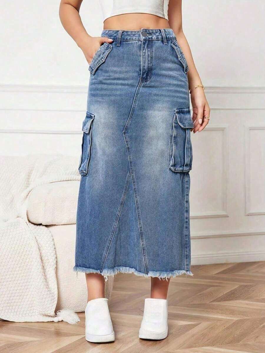 Minifalda de mezcla de algodón para mujer, de unicolor, con bolsillos, adecuada para todo el año, casual, negra, primavera - Azul lavado medio - Ver 1