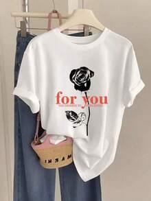 Women's Casual Pink And White Print T-Shirt, Short Sleeve Round Neck Drop Shoulder Top, Relaxed Fit Floral Graphic Tee For Everyday Fashion SEEJ - 白色 - 查看 2