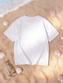 Camiseta de tela de punto blanco Casual para mujeres con playlife Graphic Print Short Drop Shoulder Sleeve Round Neck Top IECT - Blanco - Ver 5
