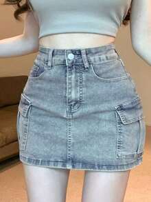 Minifalda de jean ajustada de mujer con decoración de bolsillo en estilo vintage lavado - Azul lavado medio - Ver 4