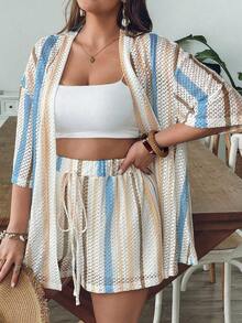 VCAY Conjunto de 2 piezas de camisa y shorts a rayas azules y blancas para mujer de talla grande, ropa de verano para vacaciones en la piscina, estilo boho chic, ropa de mujer, conjuntos para brunch, ropa para el aeropuerto, ropa para vacaciones en la playa, ropa para escapadas urbanas, ropa de vacaciones, ropa occidental para mujer, ropa occidental para mujer, conjuntos de verano europeos para vacaciones en la isla, conjuntos para luna de miel, conjuntos de estilo Old Money South Beach, conjuntos de la  de Amalfi, conjuntos de encaje, top de encaje. - Multicolor 3 - Ver 9