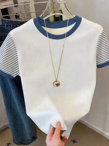 Nuevo estilo de gran , camiseta de mujer de manga corta con rayas decoradas con strass de estilo retro americano, adecuada para ir a la escuela, de compras y salir con amigas por la calle, y versátil en primavera y verano - Multicolor 5 - Ver 6