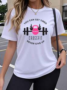 Y2K Women's Casual Short Sleeve T-Shirt - Motivational Graphic Print Of Barbells And Dumbbells For CrossFit, Elastic Crew Neck, Soft And Breathable Fabric, Relaxed Fit For Gym, Workouts And Casual Wear, Sports T-Shirts, Sporty Print T-Shirt, Comfortable T-Shirt - 黑色 - 查看 6