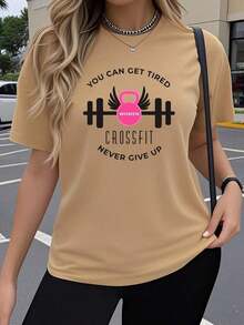 Camiseta Casual de Manga Corta para Mujer Y2K - Estampado Gráfico Motivacional de Barra y Mancuernas para CrossFit, Cuello Redondo Elástico, Tela Suave y Transpirable, Corte Relajado para Gimnasio, Entrenamientos y Ropa Casual, Camisetas Deportivas, Camiseta con Estampado Deportivo, Camiseta Cómoda - Negro - Ver 10