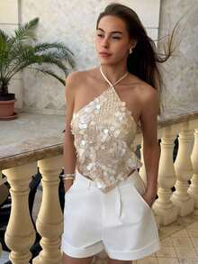 Top halter con espalda descubierta y lentejuelas sexy para mujer, ideal para verano, vacaciones en la playa, estilo bohemio, tropical, conciertos, festivales, country, Ibiza, Nashville, estilo occidental, boho, streetwear, gyaru - Blanco - Ver 3